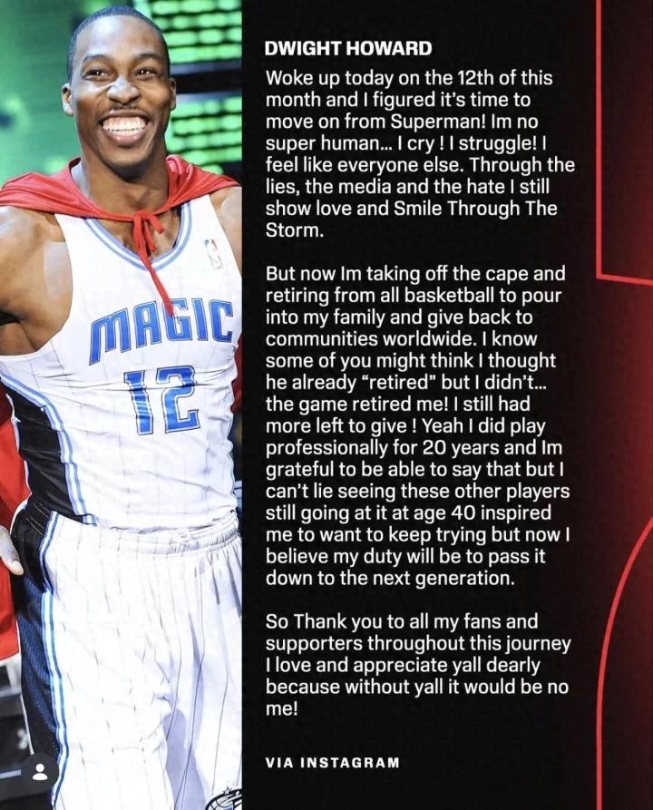 霍华德宣告退役!正式告别NBA赛场