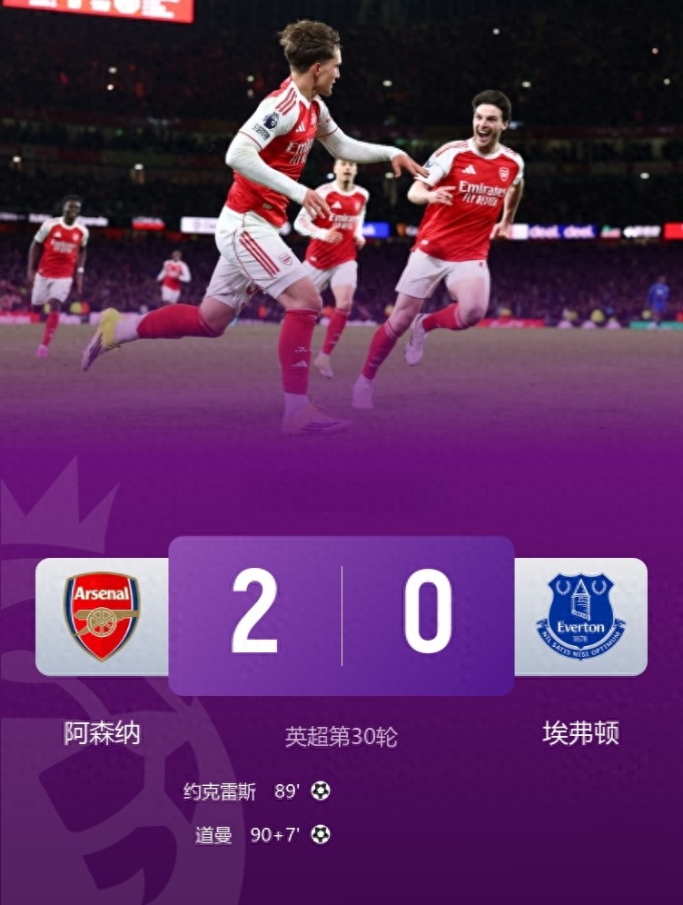 英超冠军争夺提前落幕 曼城连续失分彻底落后 阿森纳以9分优势领先